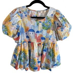 Entro Colorful Puff Sleeve Santorini Print  Blouse
